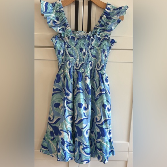 Hill House Dresses & Skirts - HILL HOUSE SMALL ELIZABETH NAP DRESS LINEN BLUE / WHITE/ TEAL SWIRL PRINT GREAT!